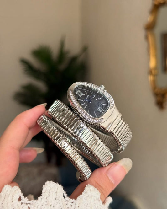 Bvlgari-Inspired Serpenti Coil Watch – Premium Black Silver Edition