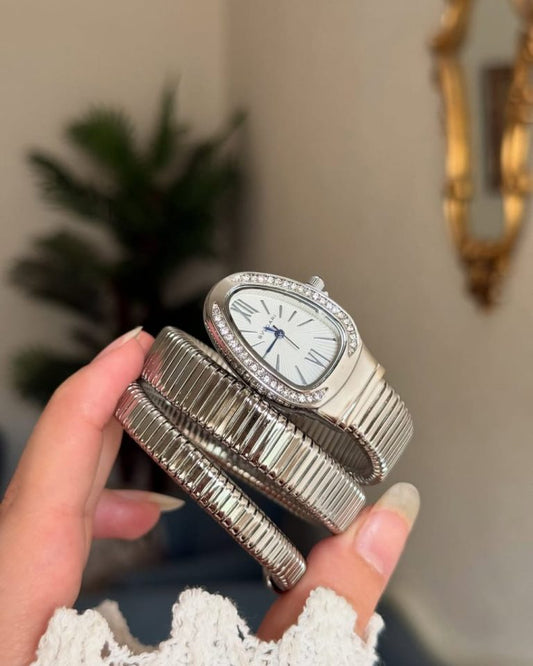 Bvlgari-Inspired Serpenti Coil Watch – Premium White Silver Edition